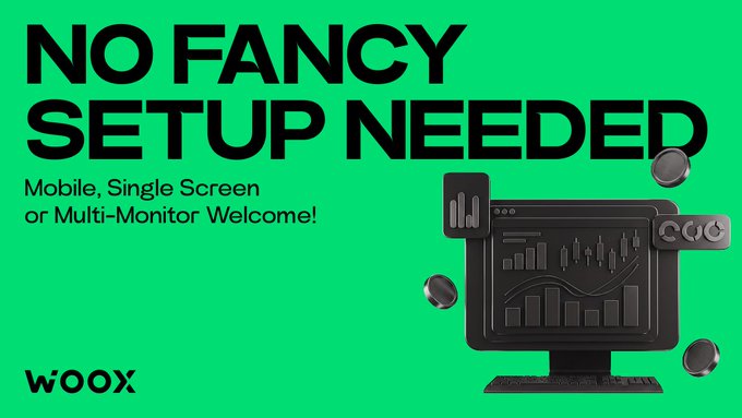 The image is a green promotional graphic featuring bold black text that reads "NO FANCY SETUP NEEDED" with the subheading "Mobile, Single Screen or Multi-Monitor Welcome!" alongside a 3D illustration of a monitor displaying trading charts, with the Wooox logo in the bottom left.

This aligns with the post's campaign message by emphasizing that the trading desk contest welcomes participants regardless of their setup complexity, encouraging entries from traders using anything from a single phone to a multi-monitor workstation.