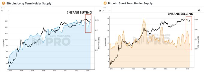 Two side-by-side CryptoQuant charts titled 'Bitcoin: Long Term Holder Supply' (INSANE BUYING) and 'Bitcoin: Short Term Holder Supply' (INSANE SELLING), showing supply trends from 2012 to 2026 with red boxes highlighting recent activity.