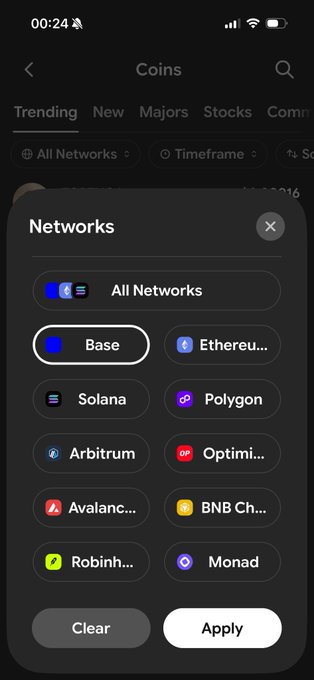 A mobile app screenshot showing a 'Networks' filter menu with cryptocurrency options like Base, Solana, Polygon, Arbitrum, Optimism, Avalanche, BNB Chain, Robinhood, and Monad.