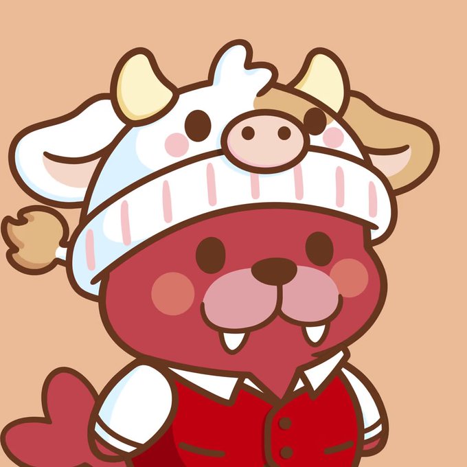 A cartoon illustration of a red animal character wearing a white shirt and red vest, topped with a plush cow hat, against a peach background.