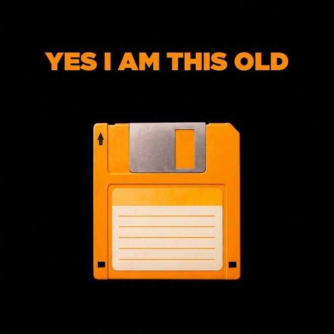 A vintage orange 3.5-inch floppy disk is displayed against a black background beneath the bold orange text "YES I AM THIS OLD," humorously referencing the post's reference to a 2.88 MB time capsule. The image evokes nostalgia for early data storage, jokingly highlighting the limited capacity of retro floppy disks compared to modern technology.