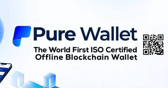The image is a promotional banner for "Pure Wallet," billed as "The World First ISO Certified Offline Blockchain Wallet," featuring the brand's logo, a QR code, and a partial view of a mobile device. It aligns with the accompanying post by highlighting the Pure Wallet presale and its unique selling point as an ISO-certified offline blockchain wallet.
