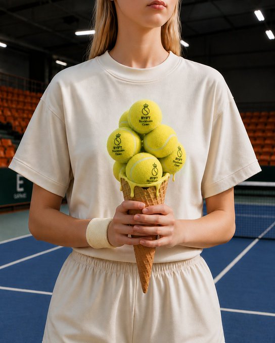 A young woman on a tennis court wearing a cream t-shirt and skirt with a wristband, holding a waffle cone filled with multiple tennis balls instead of ice cream. The balls are labeled 'BYPT Stockholm Open'.