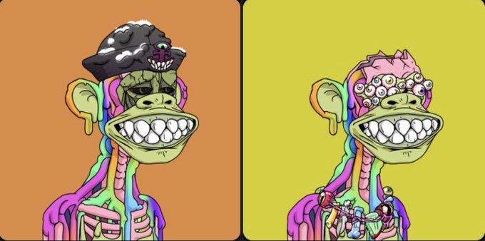 Two colorful psychedelic cartoon character illustrations side by side, one wearing a black hat on an orange background and the other with pink hair on a yellow background.