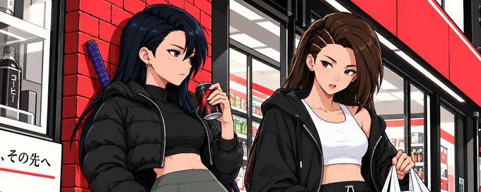 Anime-style illustration of two young women in casual black outfits standing outside what looks like a Japanese convenience store, one holding a drink can.