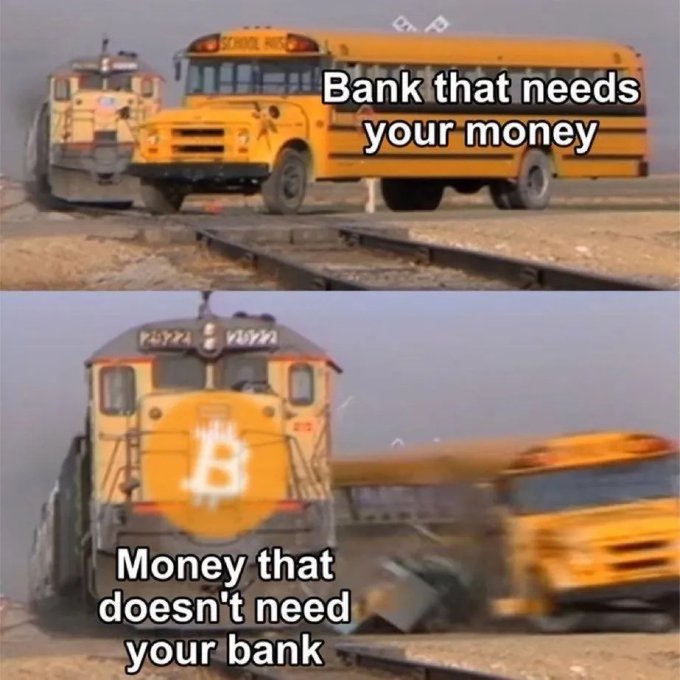 A two-panel meme showing a school bus parked on railroad tracks being struck by an oncoming train, with text labeling the bus "Bank that needs your money" and the train "Money that doesn't need your bank." The train prominently displays a Bitcoin "B" logo, reinforcing the post's argument that Bitcoin (the train) is superior to traditional banks (the bus) as a form of currency.
