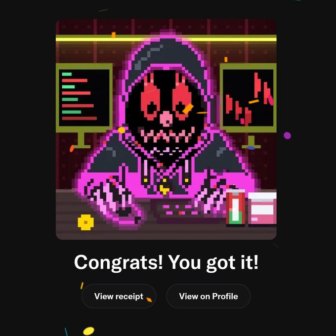 The image shows a pixel art style NFT of a hooded figure with red glowing eyes, typing on a keyboard at a desk with monitors displaying charts and code, set against a pink and dark background with confetti effects. Below the artwork is text reading "Congrats! You got it!" along with two buttons labeled "View receipt" and "View on Profile," indicating a successful NFT acquisition. This celebratory screen aligns with the post's enthusiasm about discovering and obtaining a Tradooor $REKT NFT that matches their aesthetic taste and signals joining the Chinese community.
