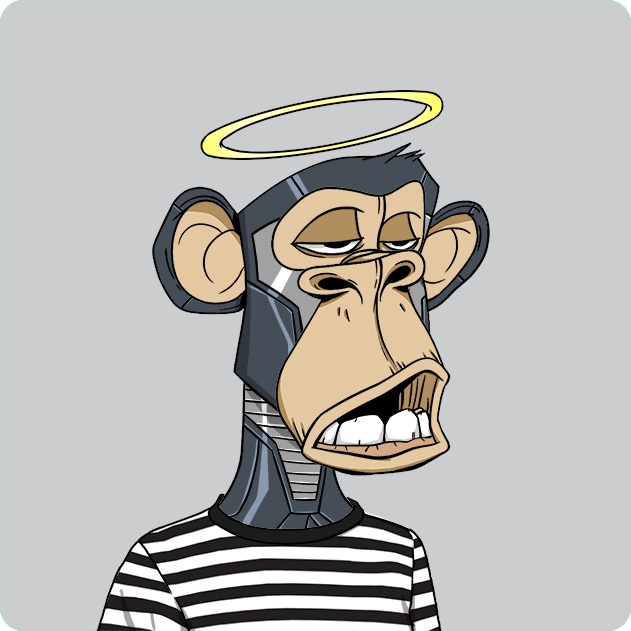 A cartoon illustration of a bored-looking cyberpunk monkey with a yellow halo above its head, wearing a black and white striped shirt.