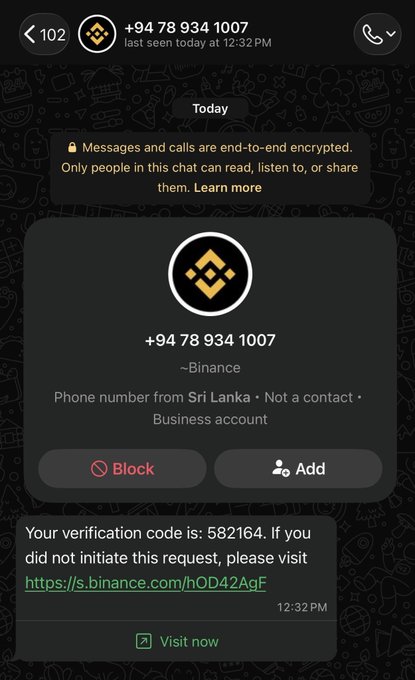 A Telegram message screenshot from +94 78 934 1007, a Binance business account from Sri Lanka, containing a verification code of 582164.
