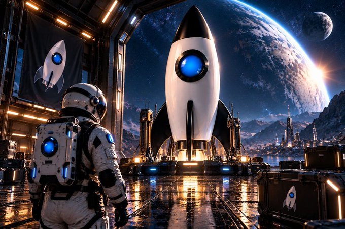 A sci-fi illustration featuring an astronaut looking at a white rocket with a glowing blue window, set against a backdrop of Earth and a moon in space.