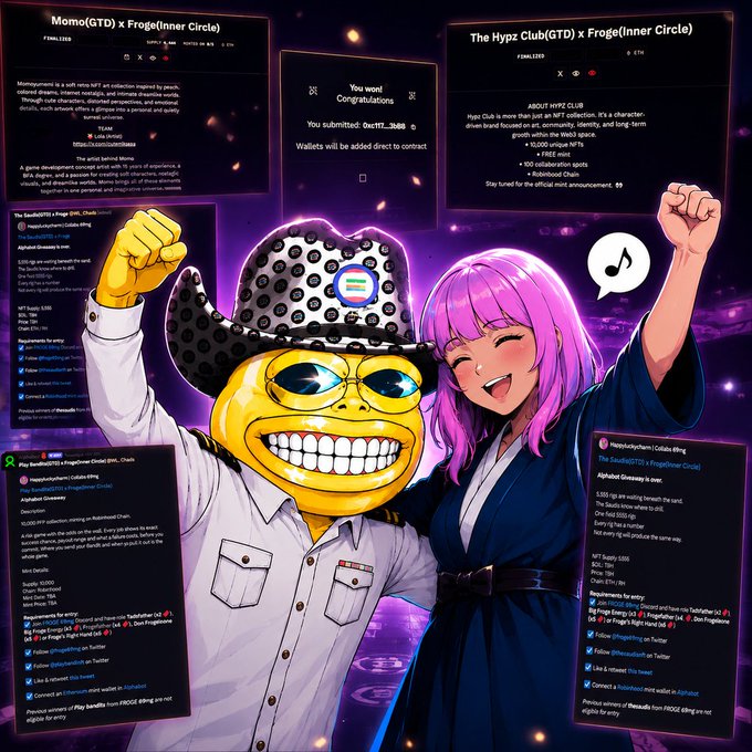 A vibrant promotional graphic features a yellow smiley cartoon character in a "F" cowboy hat standing alongside a pink-haired anime-style woman, both raising their fists in celebration. The background displays multiple NFT collection announcement panels including "Momo(GTD) x Froge(Inner Circle)" and "The Hypz Club(GTD) x Froge(Inner Circle)" with details about 10,000 supply NFT collections, mint prices, and partnership giveaways, celebrating the FROGE community's successful whitelist acquisitions.