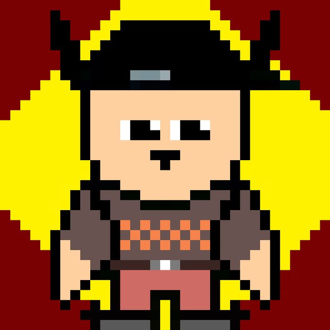 A low-resolution pixel art character of a horned figure with a yellow cape and a checkered shirt stands against a dark red background.
