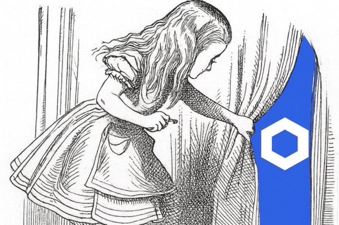 A black-and-white vintage illustration of a young girl in a pinafore dress pulling back a curtain to reveal a bright blue area with a white hexagonal logo.