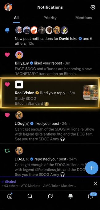 A mobile notifications screen showing alerts including 'Billyguy liked your repost', 'Real Vision liked your reply' about $DOG and Bitcoin Standard, and 'J.Dog reposted your post' about $DOG Millionaire Show.