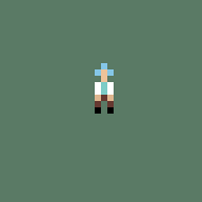 A small pixel art figure with a blue head, white shirt, brown pants, and black boots stands alone against a solid dark green background, reflecting the "pix18" pixel art NFT style teased in the accompanying post.