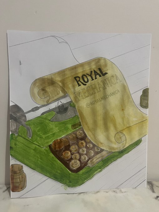 A watercolor/marker artwork features a green typewriter with a curling scroll reading "ROYAL MECHANICA @ROYALMECHANICA," fitting the post's theme of hand-painted acrylic fan art created for the RoyalMechanica NFT community and whitelist giveaway.