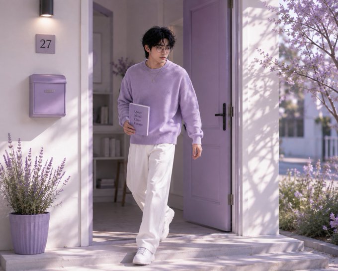 A young man wearing a lavender sweater and white pants exits a house numbered '27', holding a book titled 'Sketch Your Mind, Color Your Future'.