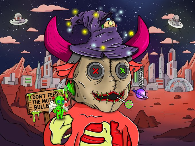 Colorful digital illustration of a stitched-up, scarecrow-like creature with button eyes and horns, standing in a red, alien landscape with UFOs, accompanied by a sign reading "DON'T FEED THE MUTT BULLB."