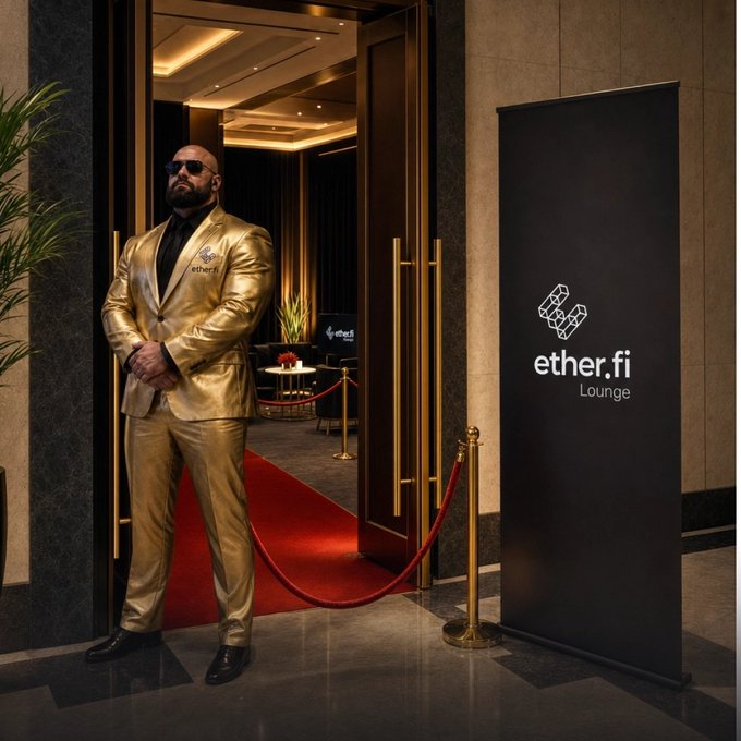 A bearded man in a gold ether.fi suit and sunglasses stands guard at the entrance of "ether.fi Lounge," blocking the velvet-roped entryway behind him—personifying the strict doorman described in the caption, who challenges anyone who arrives without their ether.fi Card.