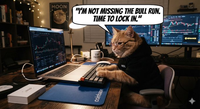 An AI-generated image shows an orange cat wearing a hoodie sitting at a desk with a laptop and trading monitors, with a speech bubble reading 'I'M NOT MISSING THE BULL RUN. TIME TO LOCK IN.'