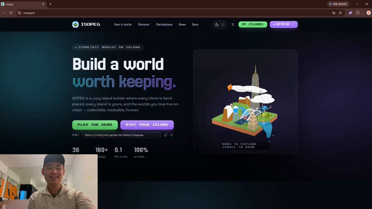 The image shows a man taking a picture of himself with a computer screen displaying a website called "ISOPEG" that appears to be an island-based game. The game description suggests that players can build, upgrade, and level their islands for rewards or to increase their yield potential. The post also mentions the game's title as "ISOPEG", which is related to the game being displayed on the screen.