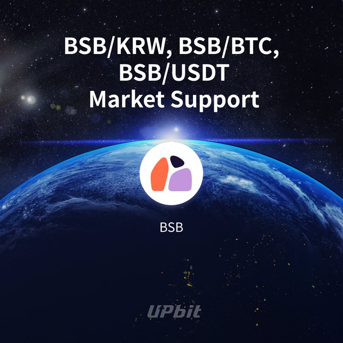 A promotional graphic from Upbit announcing trading support for Blockstreet (BSB) across KRW, BTC, and USDT markets, featuring the BSB logo displayed over an image of Earth from space against a starry background. The "UPbit" branding appears at the bottom, aligning with the post's announcement of BSB market support launching on 2026-08-07 at 15:00 KST.