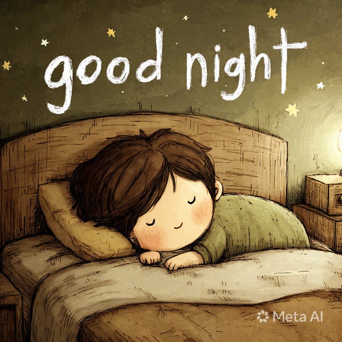 The image features a cartoon boy sleeping peacefully on a bed with a pillow, surrounded by stars that appear to be floating around him. The text "Good Night" is written above the boy's head, indicating the end of the day or night time. The image also includes a watermark in the bottom right corner that reads "Meta Al".