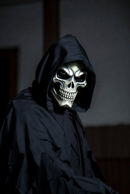 The image features a person wearing a scary mask, which appears to be a skull or a gothic-style costume. This person is standing against a dark background with a wooden wall behind them. The focus of the image seems to be on the mask rather than the person's face itself.