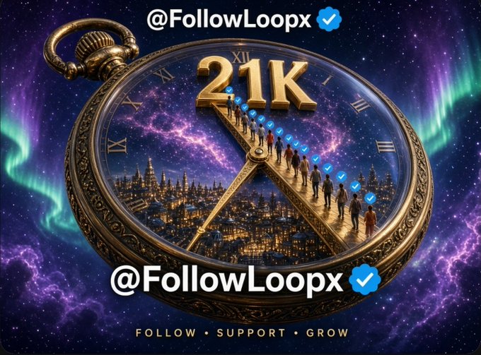 A promotional graphic featuring a large pocket watch with '21K' displayed, showing tiny figures walking across its face against a cosmic cityscape background, with '@FollowLoopx' text and 'FOLLOW • SUPPORT • GROW' tagline.