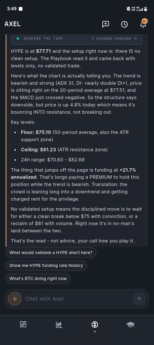 A mobile app screenshot of an AI assistant named AXEL providing cryptocurrency analysis of HYPE token at $77.71, with key levels including floor at $75.10 and ceiling at $81.23.