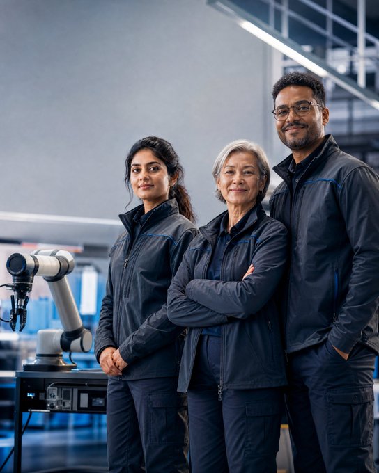 A photo of three people in matching dark grey jackets standing together in what appears to be a laboratory, with a robotic arm visible on the left.