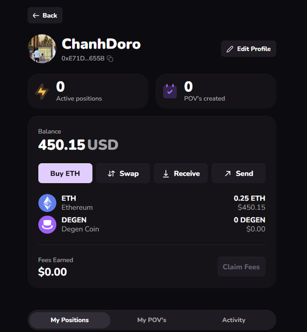 A dark-themed crypto wallet profile screen for 'ChanhDoro' showing a balance of 450.15 USD in 0.25 ETH, with options to buy, swap, receive, and send.