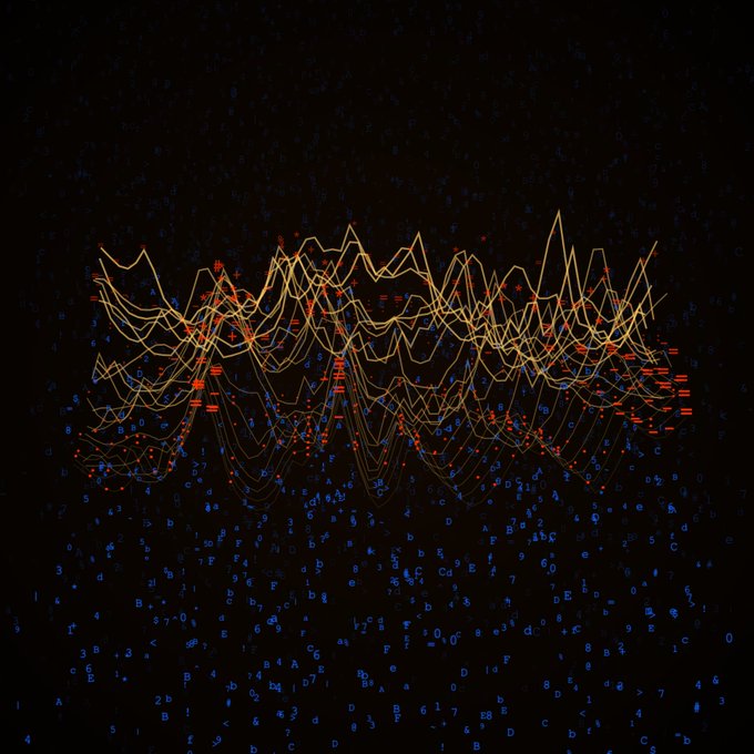 An abstract digital art piece featuring chaotic orange and yellow line graphs overlaid on a dark background of scattered blue alphanumeric characters.