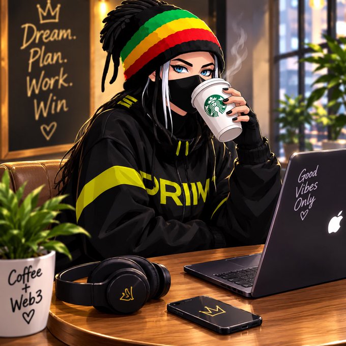 A digital illustration depicts a person with dreadlocks and a Rastafarian beanie drinking from a Starbucks cup while using a laptop in a cafe, with 'Dream. Plan. Work. Win' written on a chalkboard.