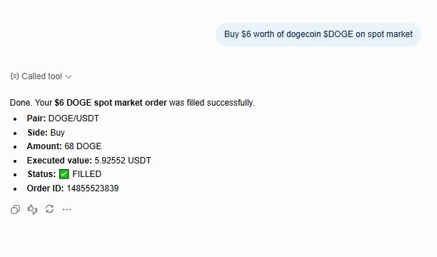 A chat interface shows a tool being called to 'Buy $6 worth of dogecoin $DOGE on spot market', confirming a successful order for 68 DOGE filled at 5.92552 USDT.