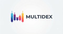 The image displays a logo featuring a stylized city skyline composed of colorful vertical bars in blue, red, purple, and orange, alongside the bold black text "MULTIDEX." This visual matches the post, which references MULTIDEX, a multichain decentralized exchange, in connection with the $ICP ticker symbol.