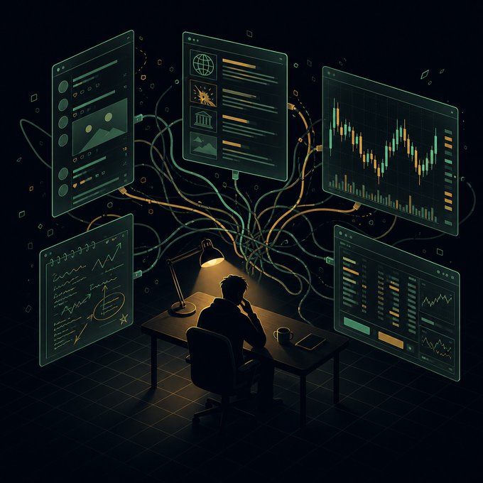 An illustration of a person sitting at a desk in a dark room, illuminated by a lamp and surrounded by floating holographic screens displaying financial charts, graphs, and data.