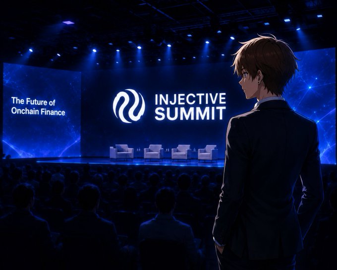 An anime-style character in a suit viewing a large stage at the 'INJECTIVE SUMMIT' featuring the tagline 'The Future of Onchain Finance' and an audience of silhouettes.