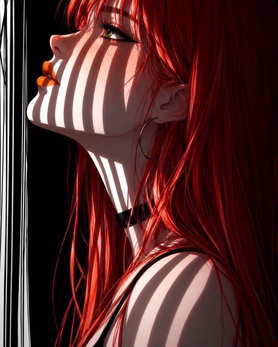 A side-profile portrait of a red-haired woman bathed in stark striped shadows from blinds, her lips painted bold orange and a black choker around her neck. The dramatic chiaroscuro lighting and contemplative upward gaze visually echo the caption's themes of solitude, introspection, and shedding outside noise to embrace a quieter, unseen self.