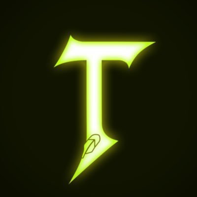 A glowing neon green letter "T" with a small leaf emblem on its stem is displayed against a black background, likely representing the logo for @titanshood_. This image aligns with the giveaway post, which promotes a 25GTD reward for engaging with the Titans Hood Twitter account.