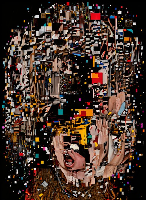 A highly fragmented, glitch-art style digital composition or collage depicting distorted facial features, screaming mouths, and hands reaching upward, scattered with colorful geometric blocks against a dark background.