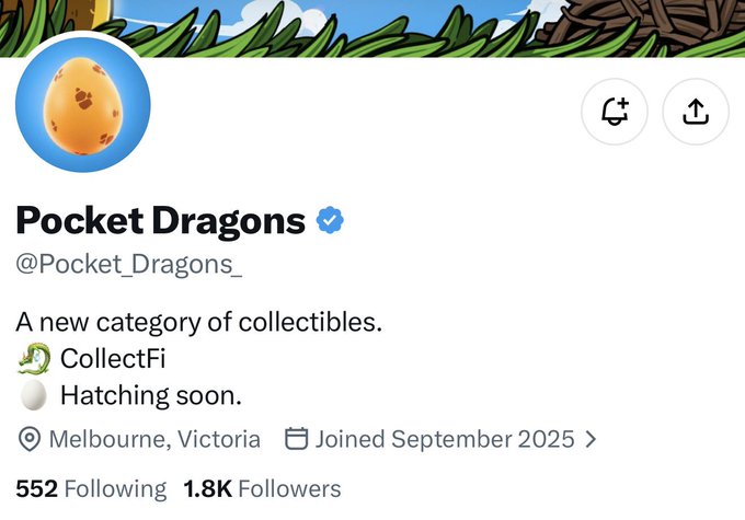 A Twitter/X profile page for 'Pocket Dragons' (@Pocket_Dragons_) with an egg avatar, describing itself as a new category of collectibles based in Melbourne, Victoria, with 1.8K followers.