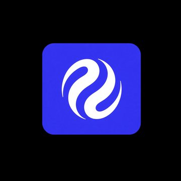 A purple square logo with rounded corners containing a white swirling spiral design on a black background.