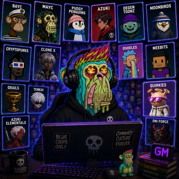 A cyberpunk-style illustration of a character with a skull-like face and flaming headphones at a laptop labeled 'BLUE CHIPS ONLY' and 'COMMUNITY CULTURE FOREVER', surrounded by framed NFT characters including BAYC, MAYC, PUDGY PENGUINS, AZUKI, DEGEN TOONZ, MOONBIRDS, CRYPTOPUNKS, CLONE X, DOODLES, MEEBITS, GRAILS, TENKAI, QUIRKIES, AZUKI ELEMENTALS, and ONI FORCE.