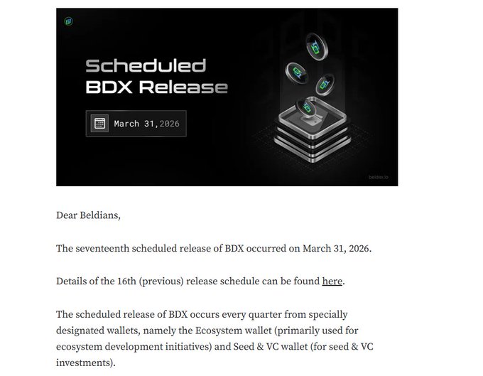 An announcement page for the 'Seventeenth Scheduled BDX Release' dated March 31, 2026, addressed to 'Beldians,' describing the quarterly release schedule from the Ecosystem wallet.