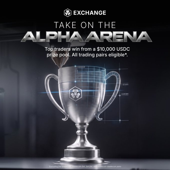A sleek silver trophy with holographic grid overlays sits against a dark background, promoting the "ALPHA ARENA" trading competition by Crypto.com Exchange where top traders can win from a $10,000 USDC prize pool across all eligible trading pairs. The image visually reinforces the post's call for traders to "step into the arena" and pre-register to compete for the USDC rewards.