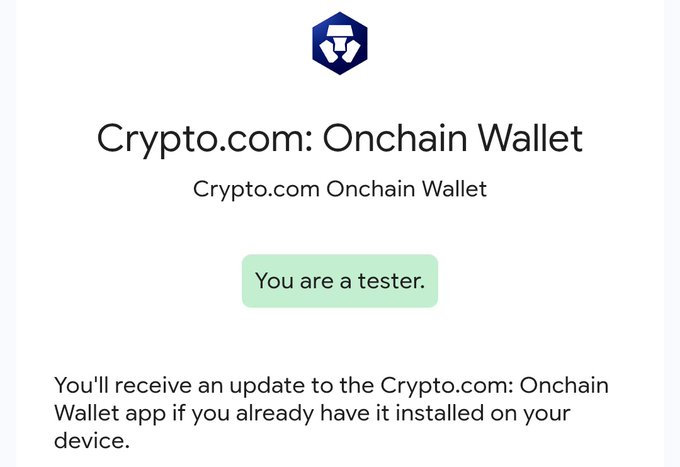 The image shows a Play Store beta tester confirmation page for the "Crypto.com: Onchain Wallet" app, displaying the message "You are a tester." This relates to the post about becoming a beta tester, showing the official acknowledgment of access to test the wallet platform.
