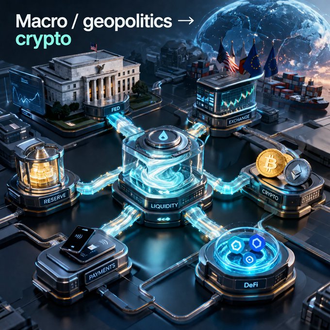 A digital graphic titled 'Macro / geopolitics → crypto' depicts a network of futuristic nodes labeled with terms like FED, EXCHANGE, RESERVE, LIQUIDITY, CRYPTO, PAYMENTS, and DeFi.