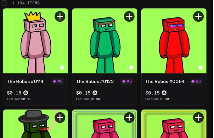 An NFT marketplace showing 'The Robos' collection, with various colored blocky robot characters listed for $0.15.