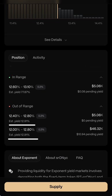 A mobile interface for providing liquidity to Exponent yield markets, showing 'In Range' and 'Out of Range' positions with estimated yields ranging from 12.00% to 13.10% and a 'Supply' button at the bottom.